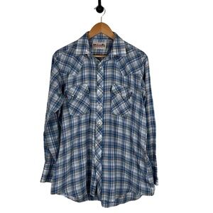 Stagecoach Western Shirt Mens Size 16 1/2 Blue Plaid Pearl Snap Yoked Rockabilly